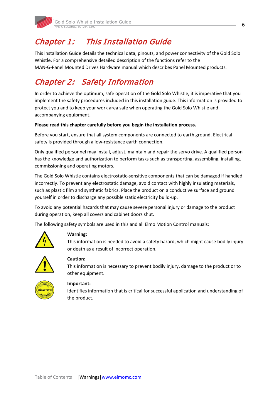 Chapter 1: this installation guide, Chapter 2: safety information, Chapter 1 | This installation guide, Chapter 2, Safety information | ElmoMC Gold Line Digital Servo Drives-Gold Solo Whistle User Manual | Page 6 / 61