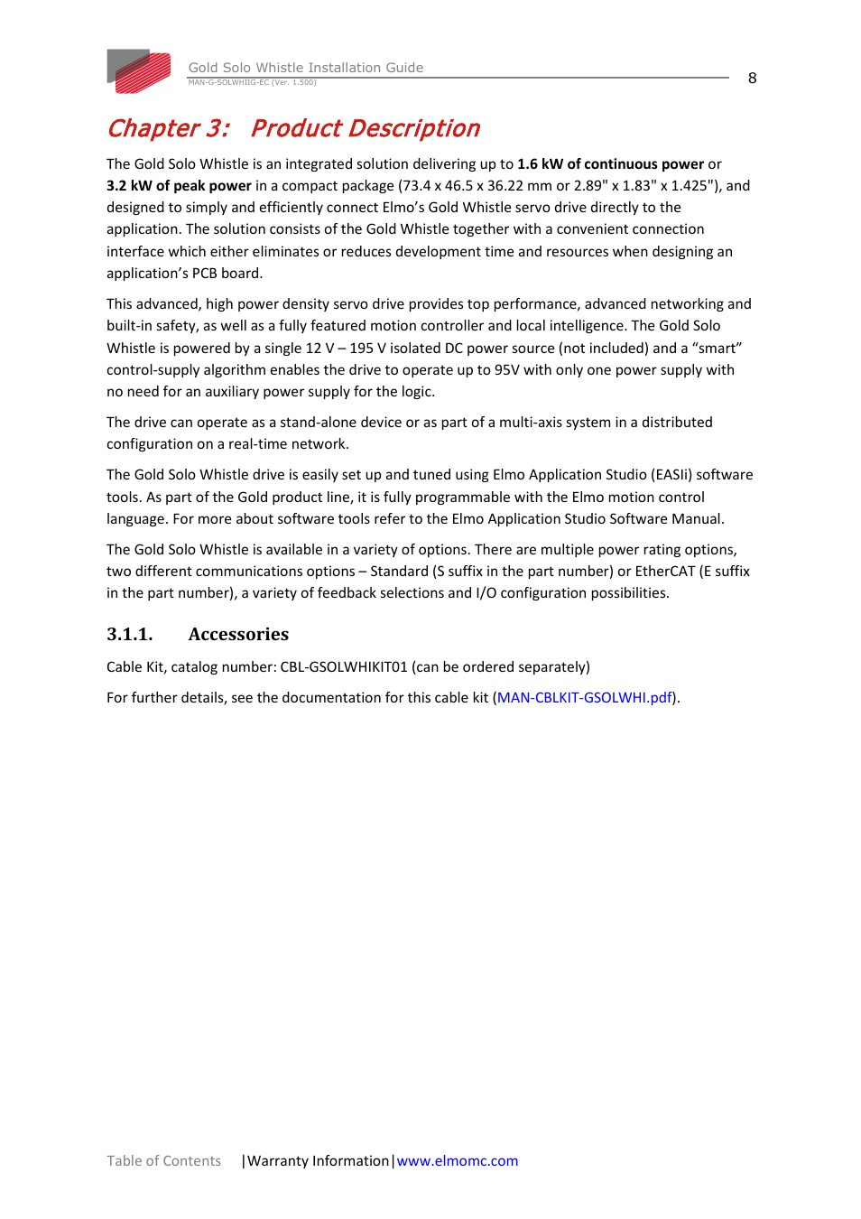 Chapter 3: product description, Accessories, Chapter 3 | Product description | ElmoMC Gold Line Digital Servo Drives-Gold Solo Whistle User Manual | Page 8 / 61