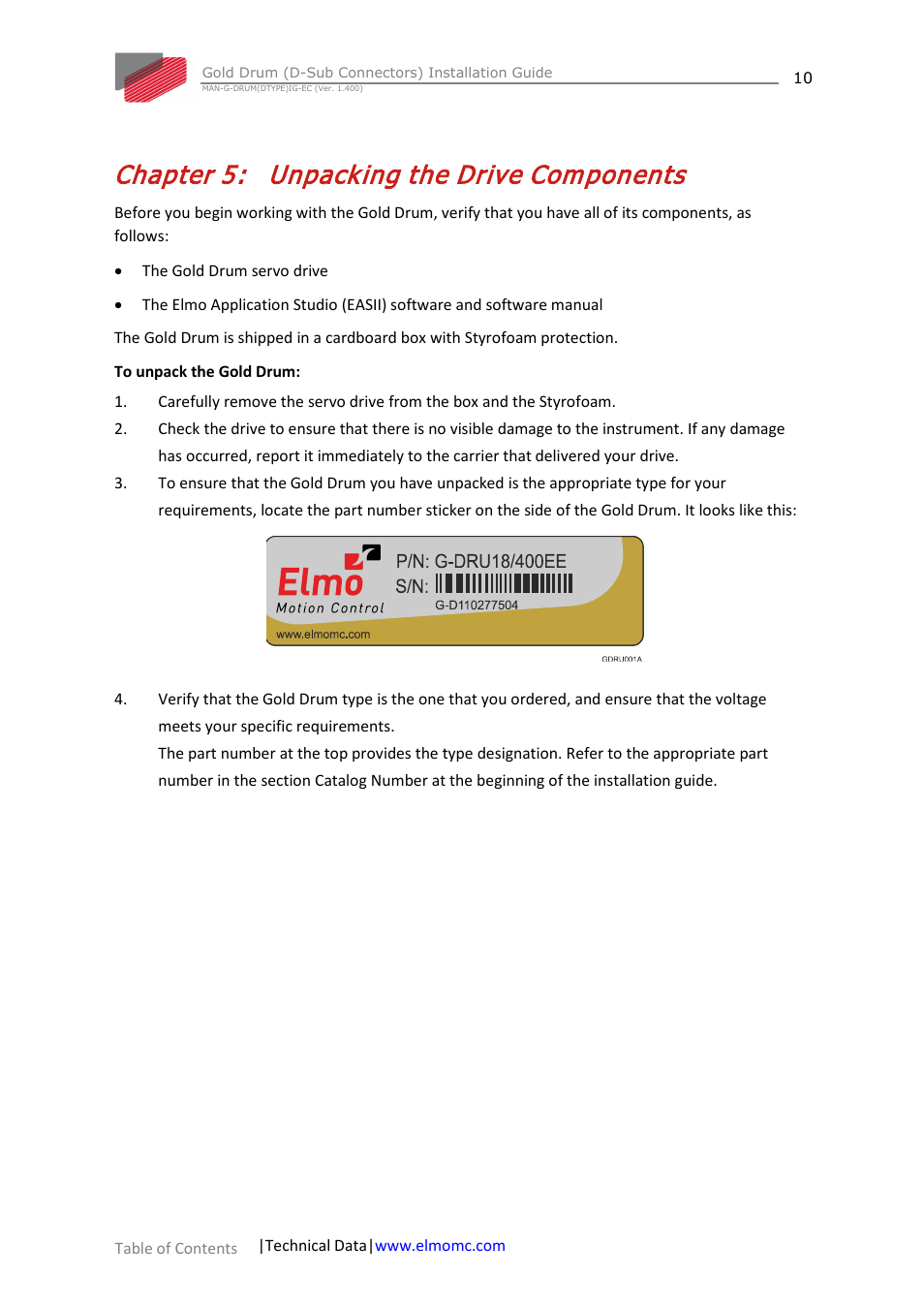 Chapter 5: unpacking the drive components, Chapter 5, Unpacking the drive components | ElmoMC Gold Line Digital Servo Drives-Gold Drum Ver 1_400 D-Sub connectors User Manual | Page 10 / 67