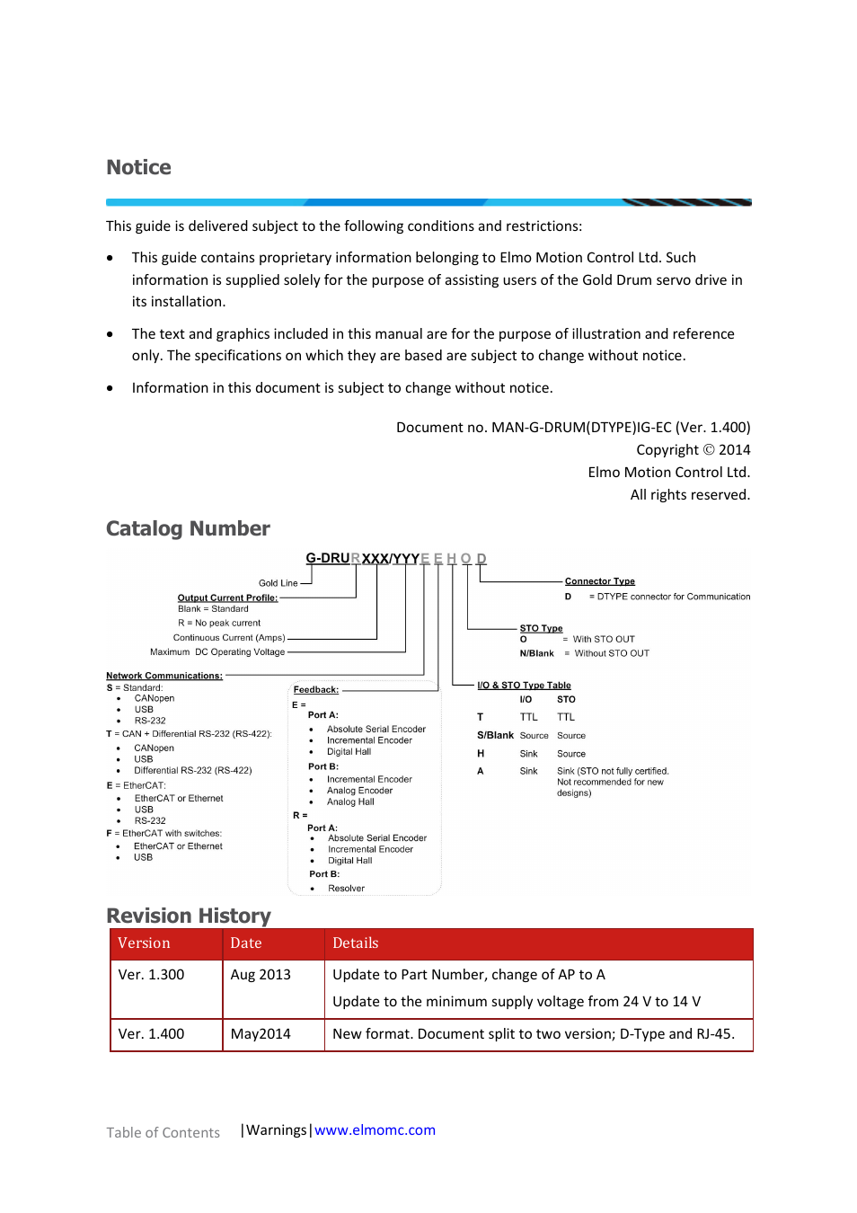 Notice, Catalog number, Revision history | ElmoMC Gold Line Digital Servo Drives-Gold Drum Ver 1_400 D-Sub connectors User Manual | Page 2 / 67