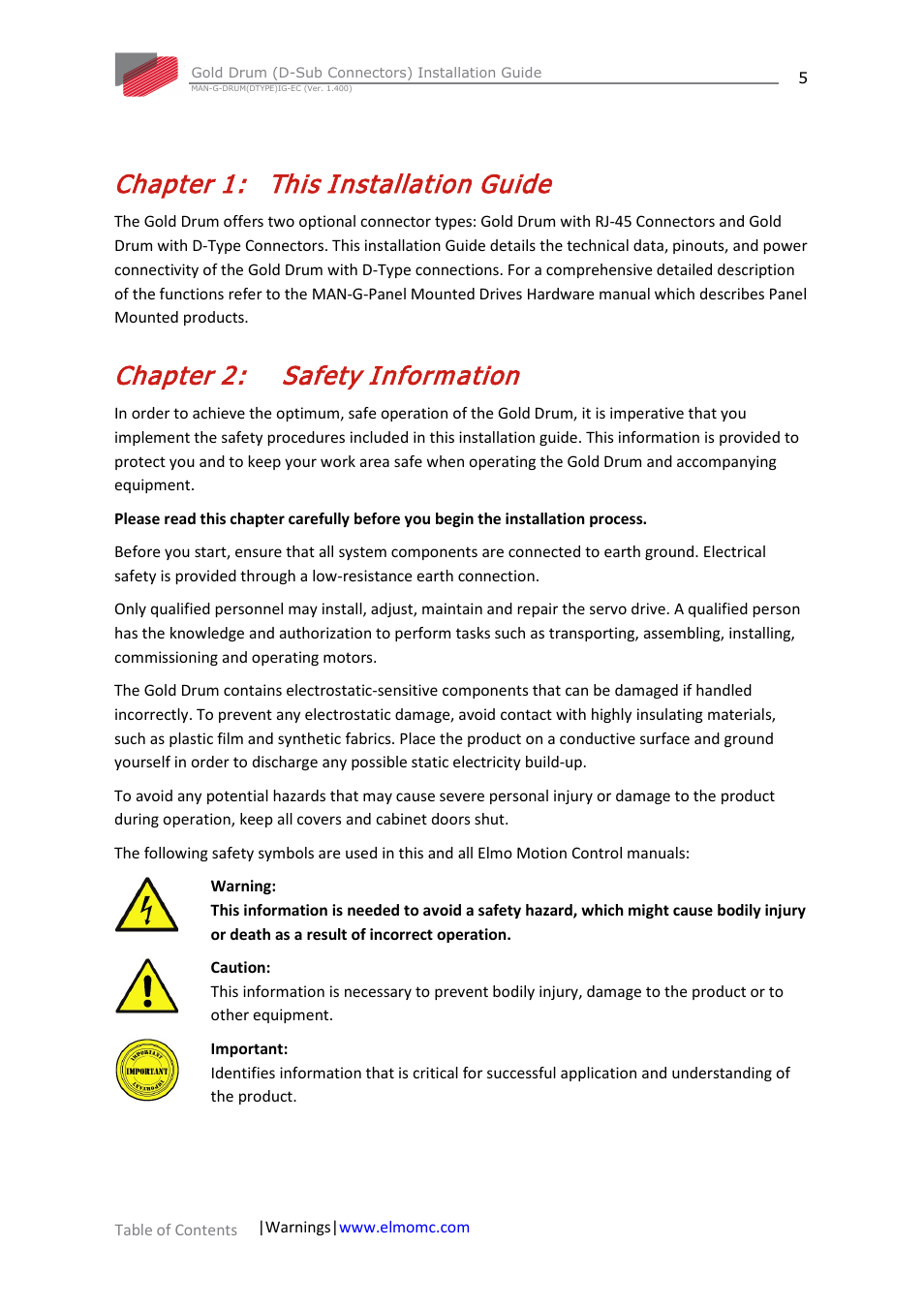 Chapter 1: this installation guide, Chapter 2: safety information, Chapter 1 | This installation guide, Chapter 2, Safety information | ElmoMC Gold Line Digital Servo Drives-Gold Drum Ver 1_400 D-Sub connectors User Manual | Page 5 / 67