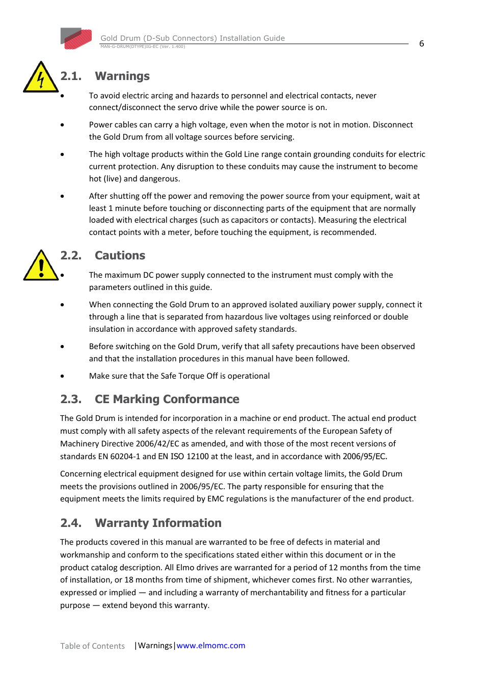 Warnings, Cautions, Ce marking conformance | Warranty information | ElmoMC Gold Line Digital Servo Drives-Gold Drum Ver 1_400 D-Sub connectors User Manual | Page 6 / 67
