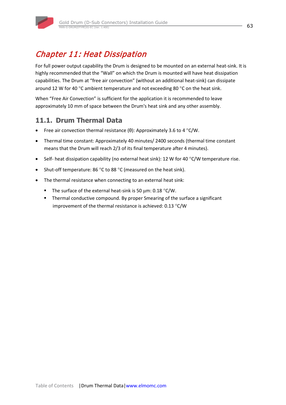 Chapter 11: heat dissipation, Drum thermal data, Chapter 11 | Heat dissipation | ElmoMC Gold Line Digital Servo Drives-Gold Drum Ver 1_400 D-Sub connectors User Manual | Page 63 / 67