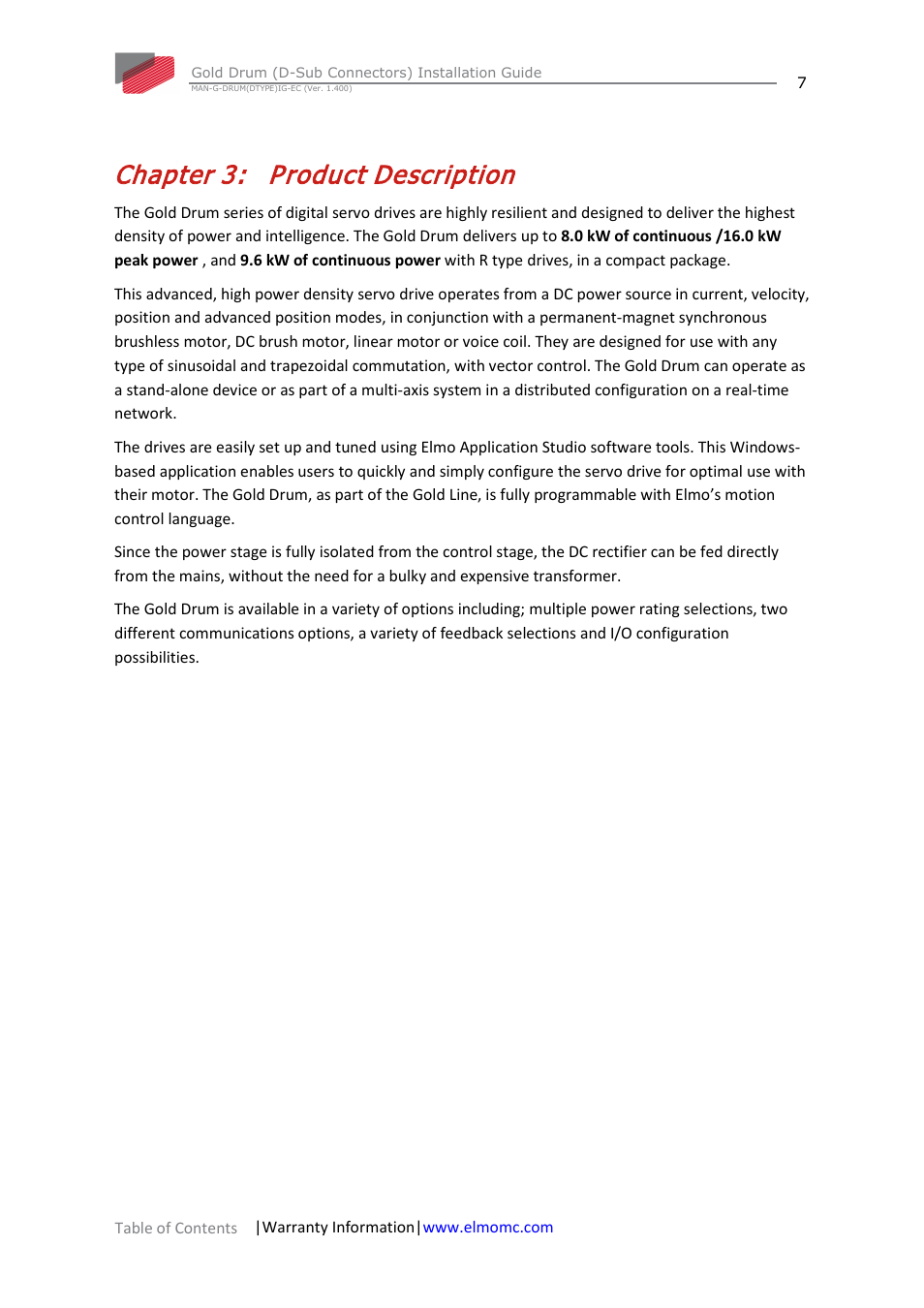 Chapter 3: product description, Chapter 3, Product description | ElmoMC Gold Line Digital Servo Drives-Gold Drum Ver 1_400 D-Sub connectors User Manual | Page 7 / 67