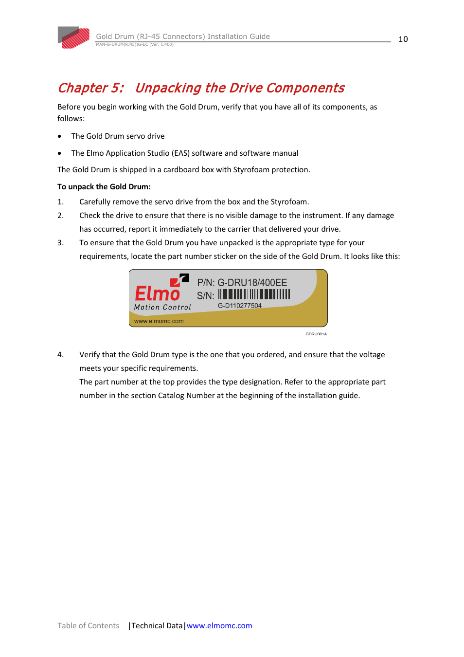 Chapter 5: unpacking the drive components, Chapter 5, Unpacking the drive components | ElmoMC Gold Line Digital Servo Drives-Gold Drum Ver 1_400 RJ-45 connectors User Manual | Page 10 / 67