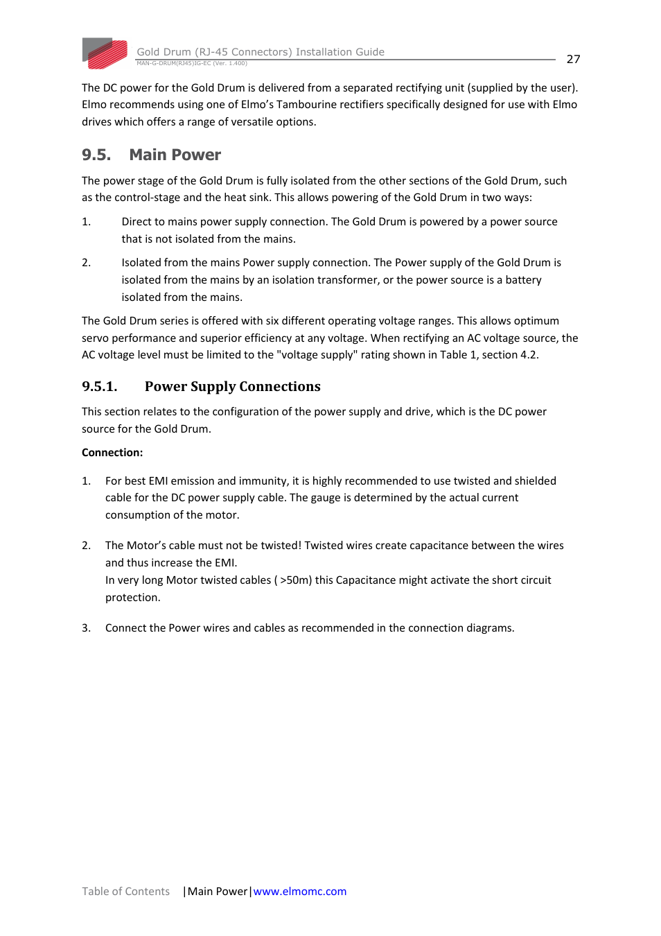 Main power, Power supply connections, Ower supply connections | ElmoMC Gold Line Digital Servo Drives-Gold Drum Ver 1_400 RJ-45 connectors User Manual | Page 27 / 67