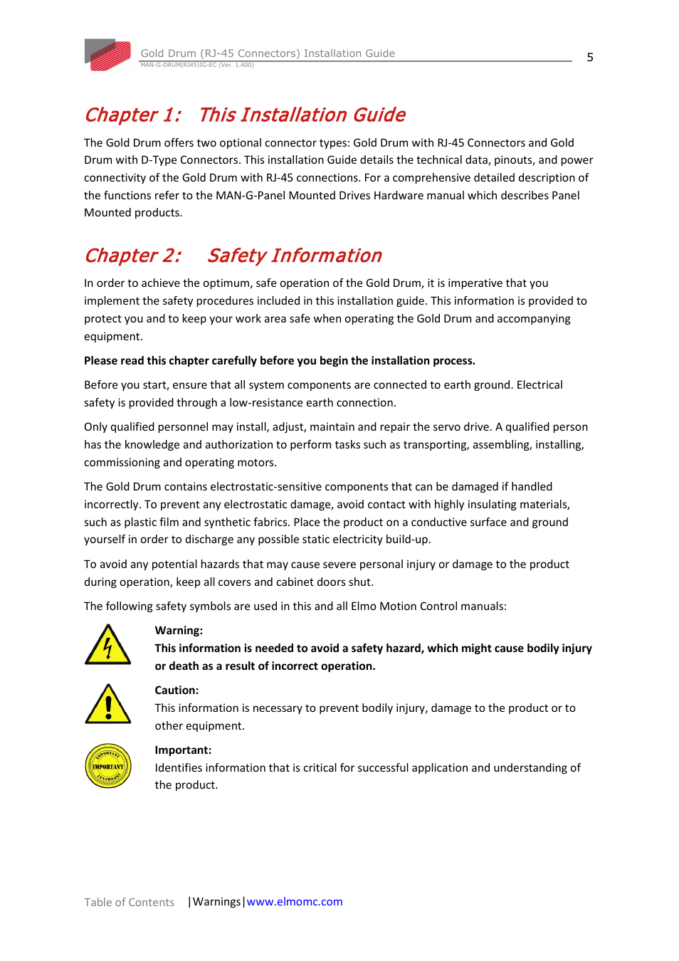 Chapter 1: this installation guide, Chapter 2: safety information, Chapter 1 | This installation guide, Chapter 2, Safety information | ElmoMC Gold Line Digital Servo Drives-Gold Drum Ver 1_400 RJ-45 connectors User Manual | Page 5 / 67