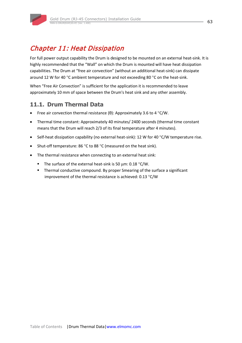 Chapter 11: heat dissipation, Drum thermal data, Chapter 11 | Heat dissipation | ElmoMC Gold Line Digital Servo Drives-Gold Drum Ver 1_400 RJ-45 connectors User Manual | Page 63 / 67