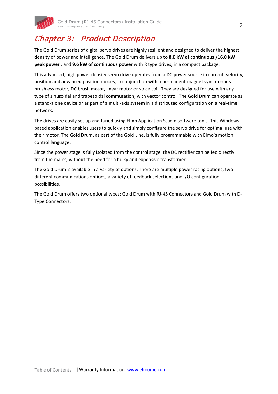 Chapter 3: product description, Chapter 3, Product description | ElmoMC Gold Line Digital Servo Drives-Gold Drum Ver 1_400 RJ-45 connectors User Manual | Page 7 / 67