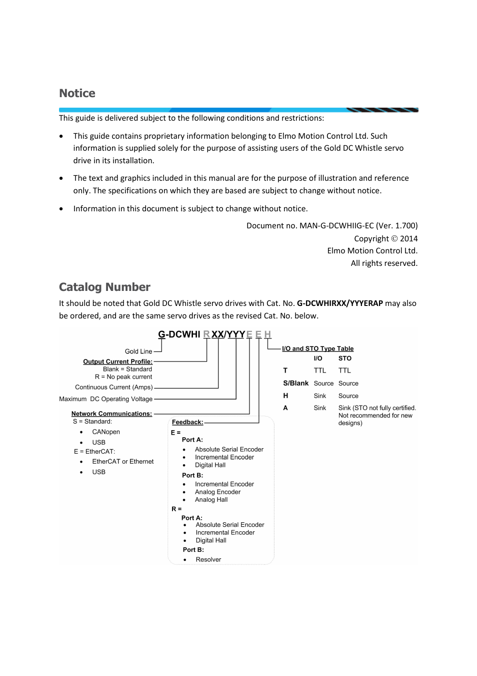 Notice, Catalog number | ElmoMC Gold Line Digital Servo Drives-Gold DC Whistle User Manual | Page 2 / 61