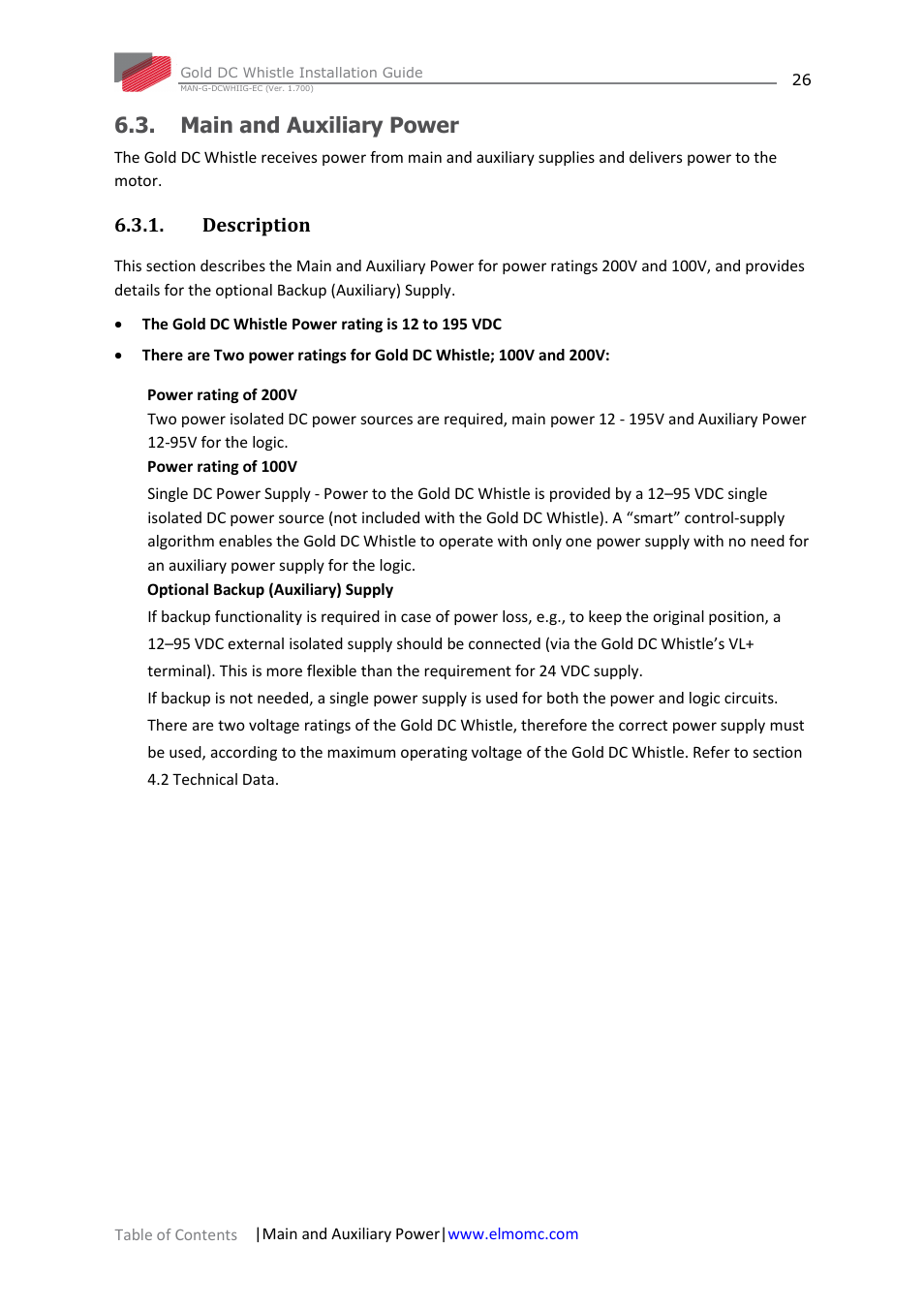 Main and auxiliary power, Description | ElmoMC Gold Line Digital Servo Drives-Gold DC Whistle User Manual | Page 26 / 61