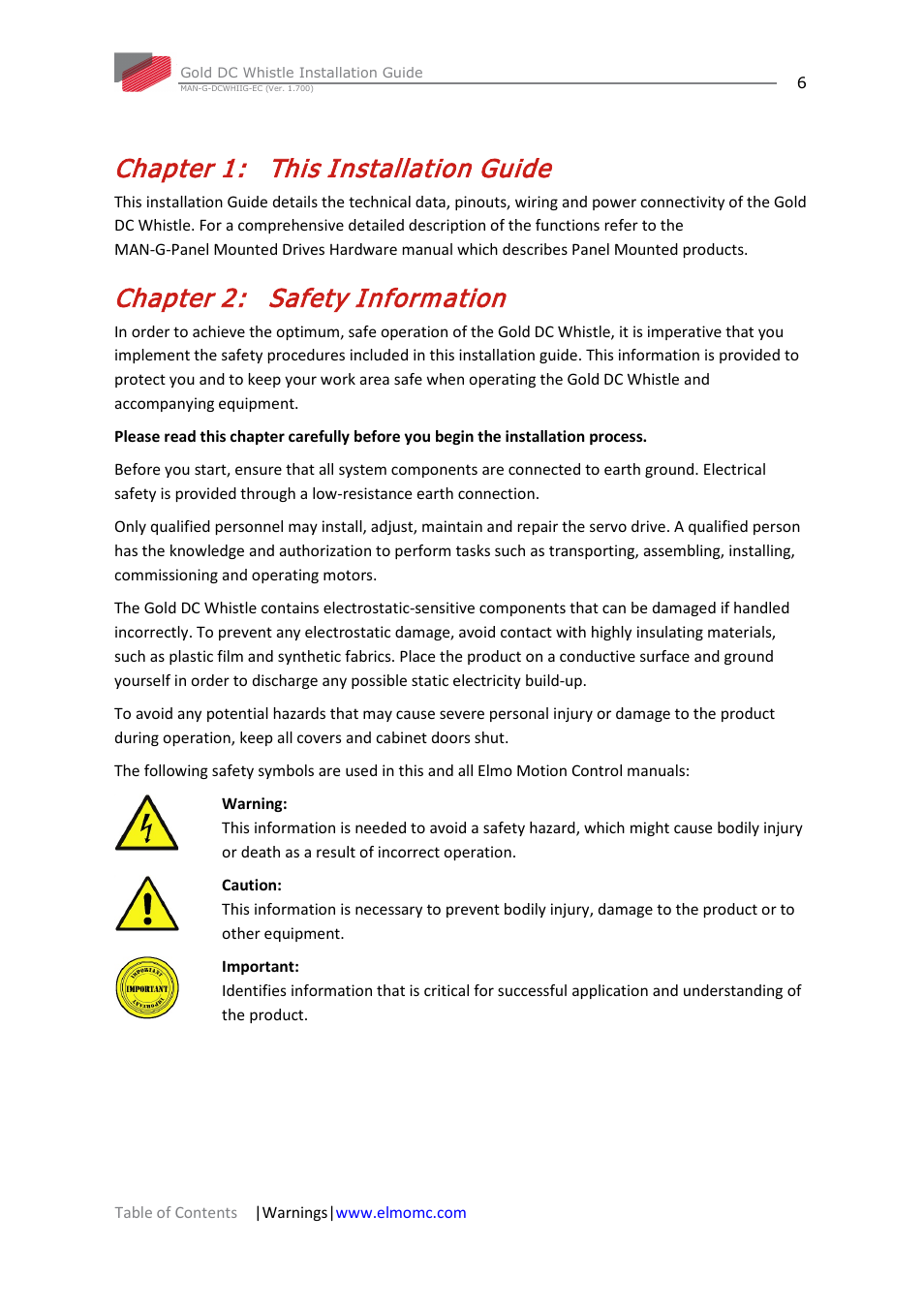 Chapter 1: this installation guide, Chapter 2: safety information, Chapter 1 | This installation guide, Chapter 2, Safety information | ElmoMC Gold Line Digital Servo Drives-Gold DC Whistle User Manual | Page 6 / 61