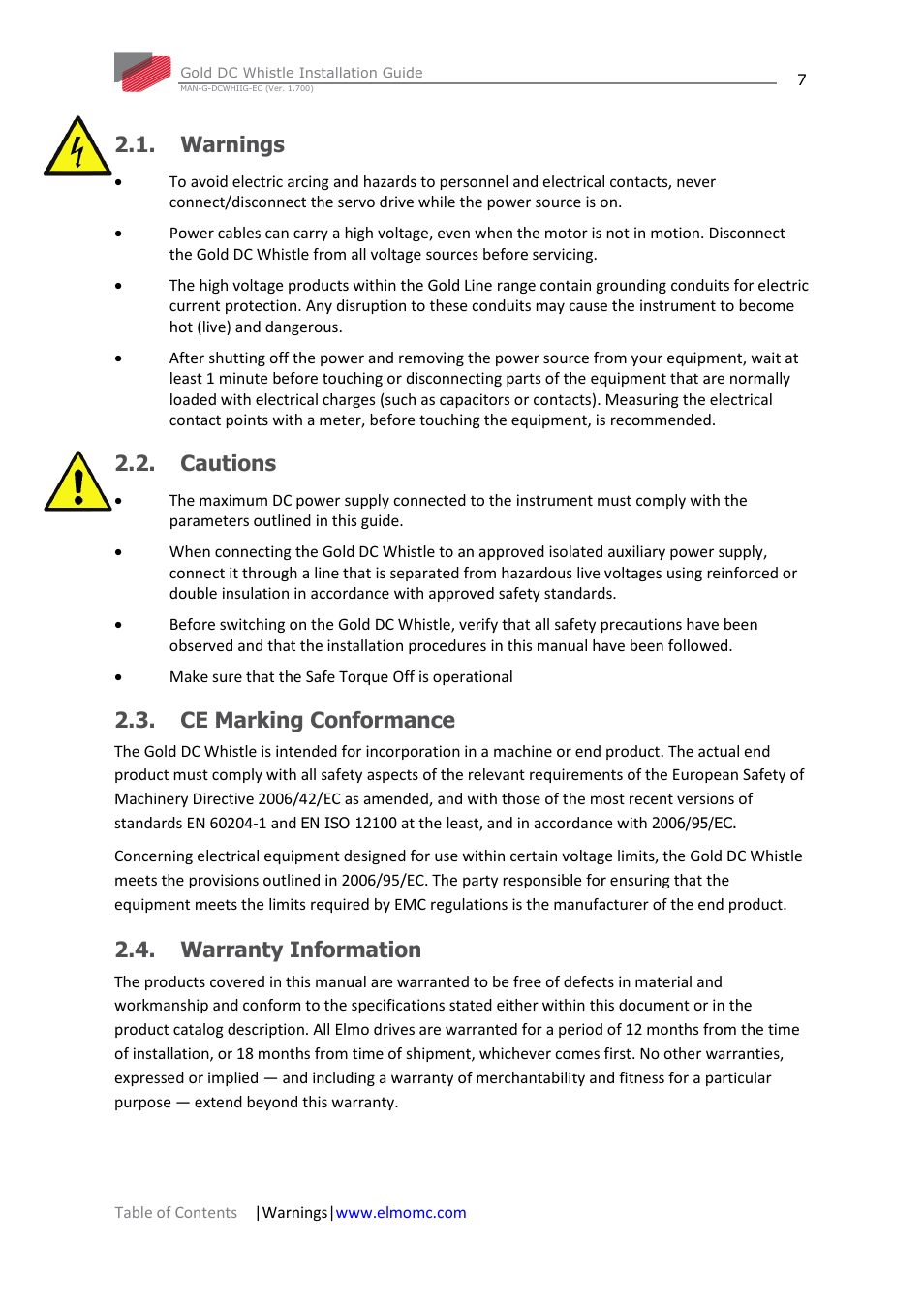 Warnings, Cautions, Ce marking conformance | Warranty information | ElmoMC Gold Line Digital Servo Drives-Gold DC Whistle User Manual | Page 7 / 61
