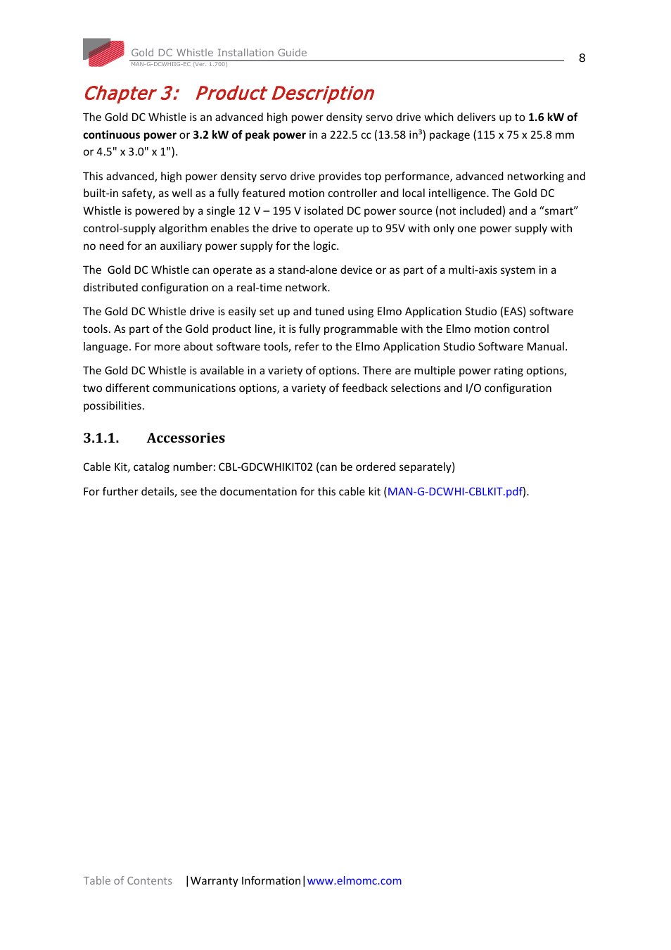 Chapter 3: product description, Accessories, Chapter 3 | Product description | ElmoMC Gold Line Digital Servo Drives-Gold DC Whistle User Manual | Page 8 / 61