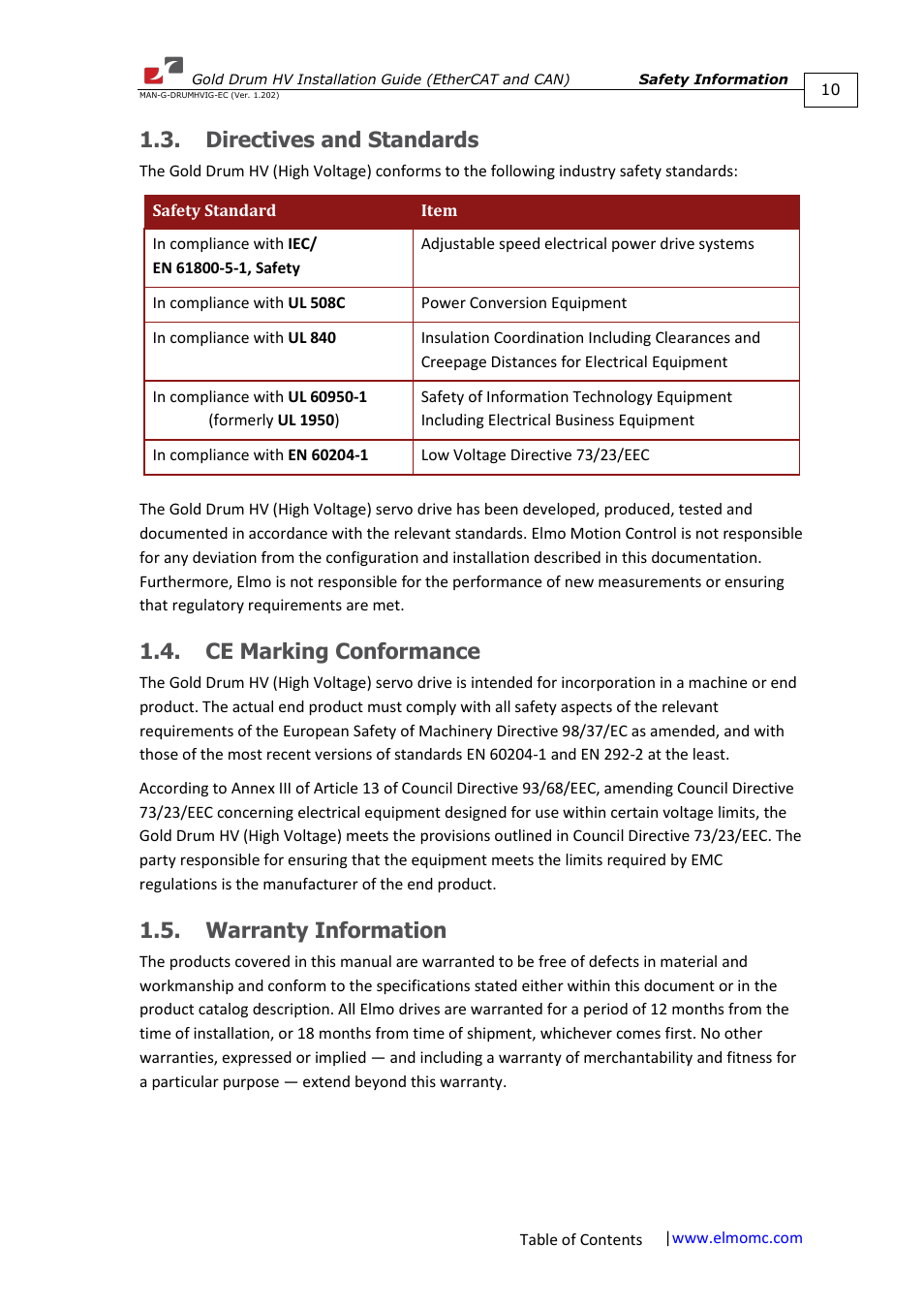 Directives and standards, Ce marking conformance, Warranty information | ElmoMC Gold Line Digital Servo Drives-Gold Drum HV User Manual | Page 10 / 102