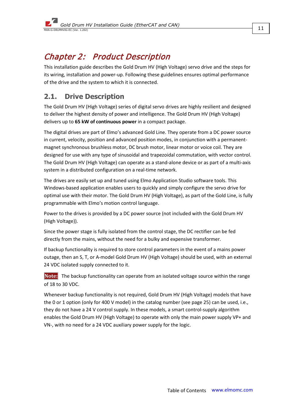 Chapter 2: product description, Drive description, Chapter 2 | Product description | ElmoMC Gold Line Digital Servo Drives-Gold Drum HV User Manual | Page 11 / 102