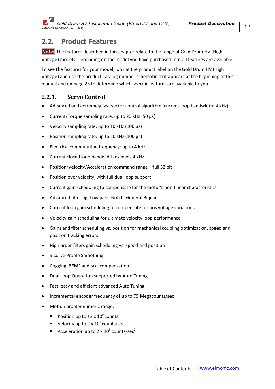 Product features, Servo control | ElmoMC Gold Line Digital Servo Drives-Gold Drum HV User Manual | Page 12 / 102