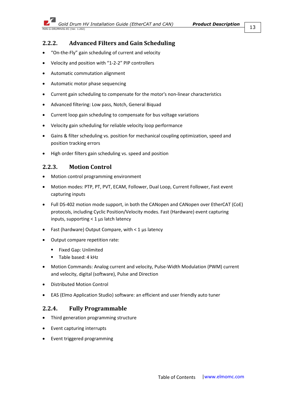 Advanced filters and gain scheduling, Motion control, Fully programmable | ElmoMC Gold Line Digital Servo Drives-Gold Drum HV User Manual | Page 13 / 102