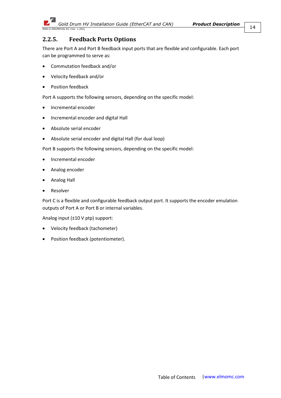 Feedback ports options | ElmoMC Gold Line Digital Servo Drives-Gold Drum HV User Manual | Page 14 / 102