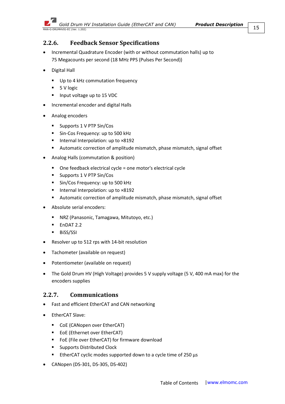 Feedback sensor specifications, Communications | ElmoMC Gold Line Digital Servo Drives-Gold Drum HV User Manual | Page 15 / 102