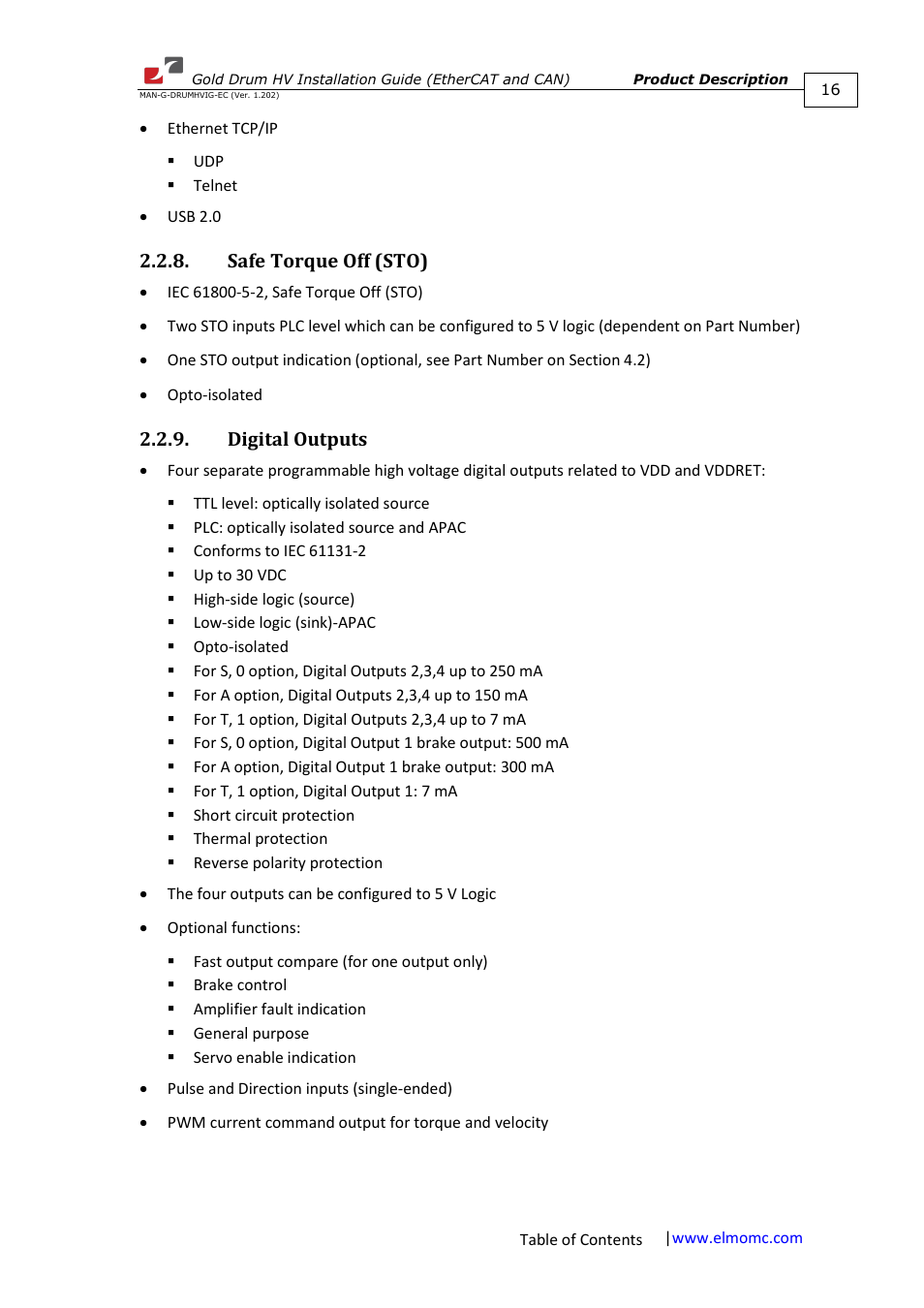 Safe torque off (sto), Digital outputs, Safe torque off (sto) 2.2.9. digital outputs | ElmoMC Gold Line Digital Servo Drives-Gold Drum HV User Manual | Page 16 / 102