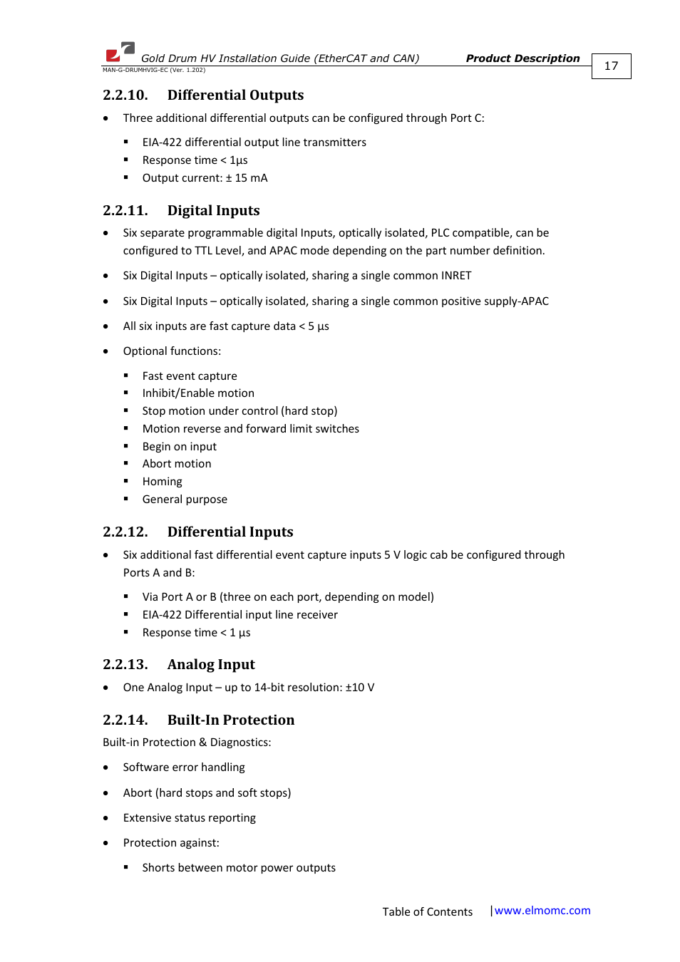 Differential outputs, Digital inputs, Differential inputs | Analog input, Built-in protection | ElmoMC Gold Line Digital Servo Drives-Gold Drum HV User Manual | Page 17 / 102