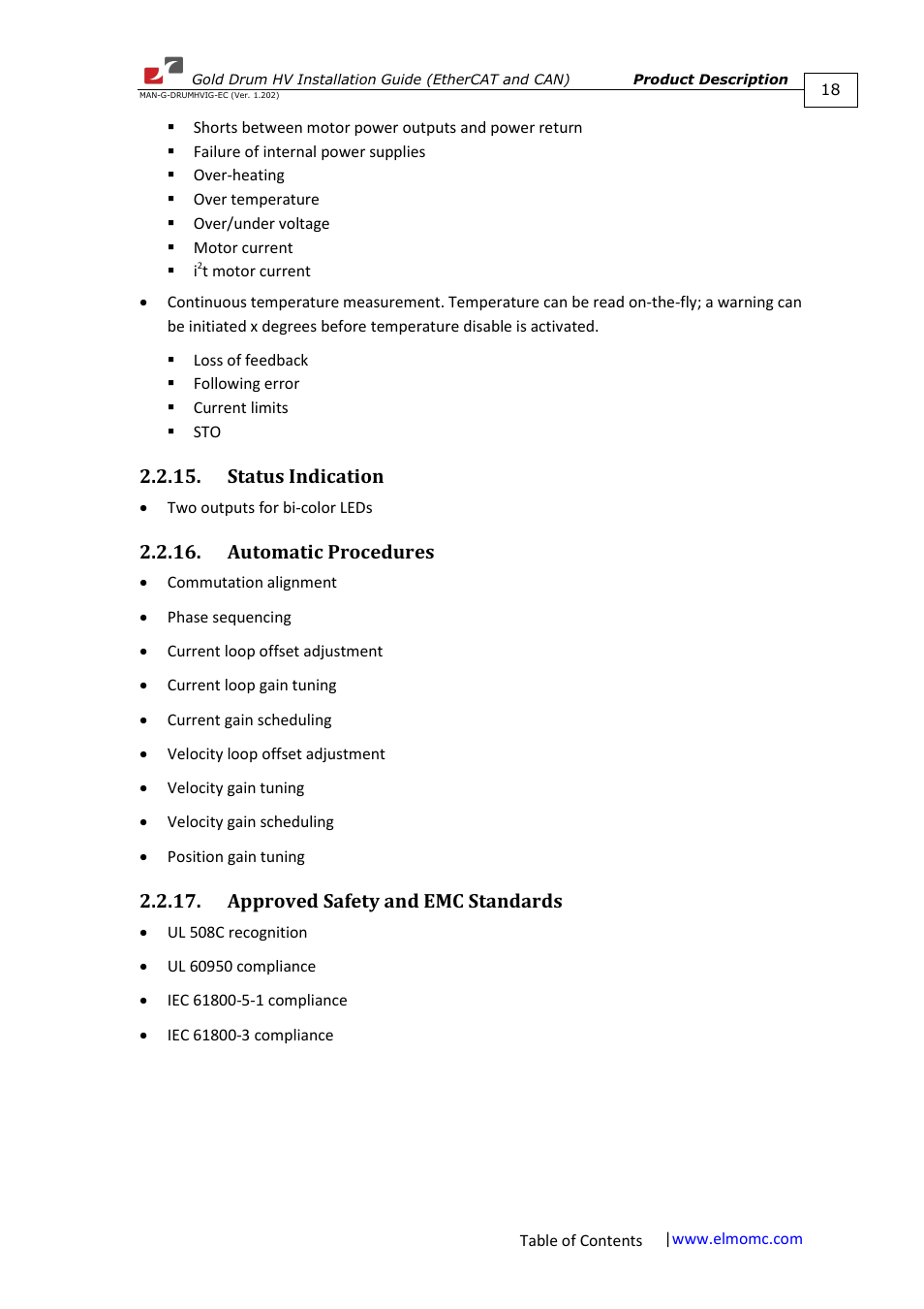 Status indication, Automatic procedures, Approved safety and emc standards | ElmoMC Gold Line Digital Servo Drives-Gold Drum HV User Manual | Page 18 / 102