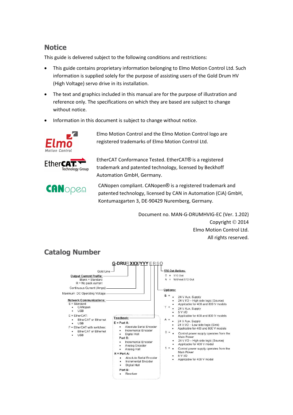 Notice, Catalog number | ElmoMC Gold Line Digital Servo Drives-Gold Drum HV User Manual | Page 2 / 102