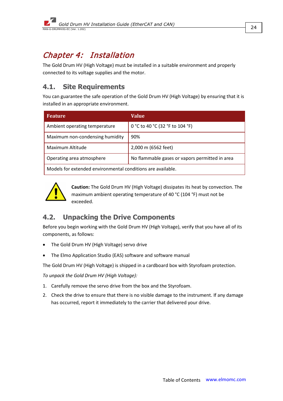 Chapter 4: installation, Site requirements, Unpacking the drive components | Chapter 4, Installation | ElmoMC Gold Line Digital Servo Drives-Gold Drum HV User Manual | Page 24 / 102