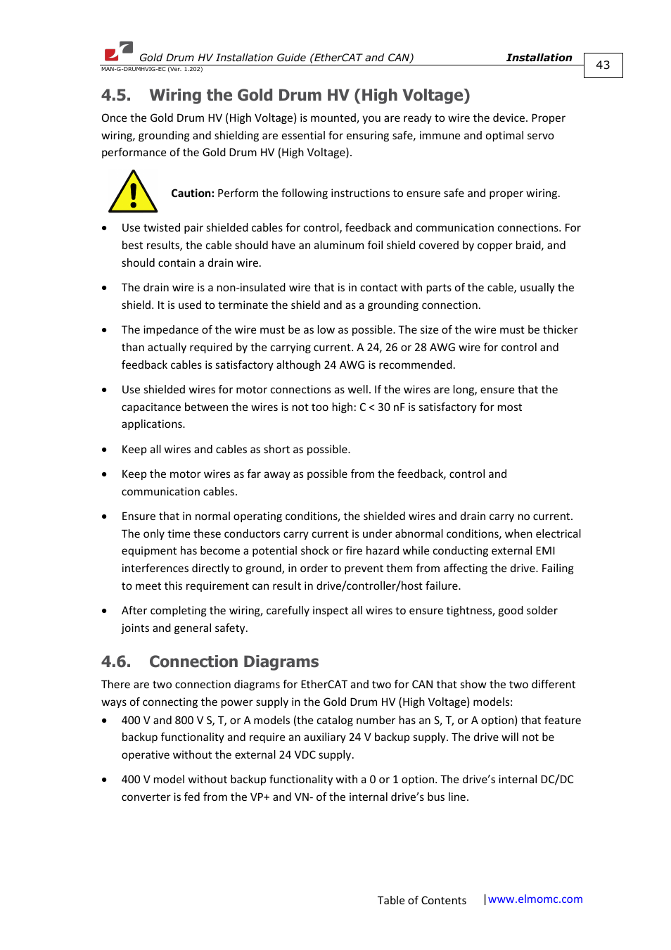 Wiring the gold drum hv (high voltage), Connection diagrams | ElmoMC Gold Line Digital Servo Drives-Gold Drum HV User Manual | Page 43 / 102