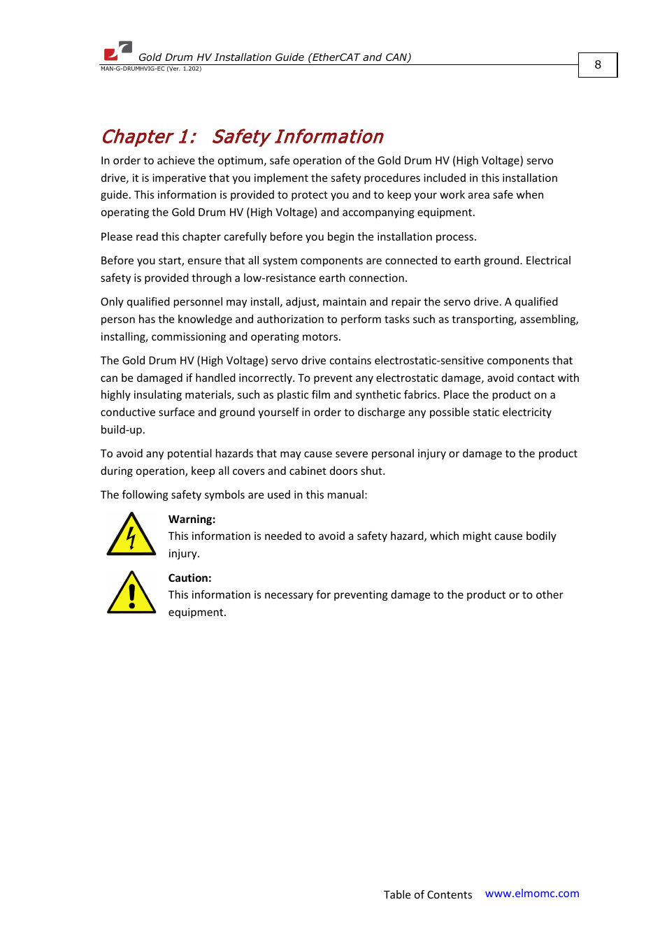 Chapter 1: safety information, Chapter 1, Safety information | ElmoMC Gold Line Digital Servo Drives-Gold Drum HV User Manual | Page 8 / 102