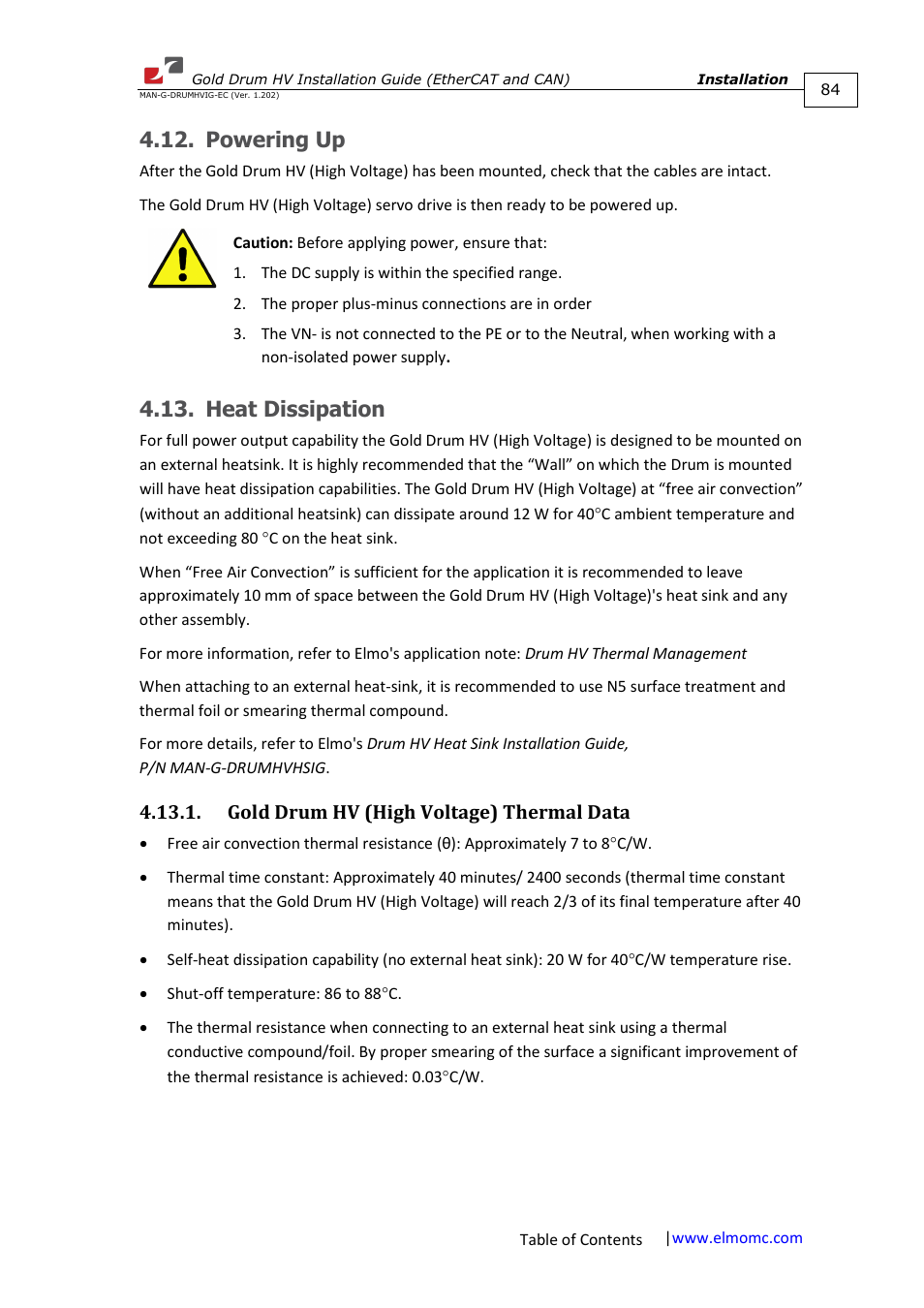 Powering up, Heat dissipation, Gold drum hv (high voltage) thermal data | Powering up 4.13. heat dissipation | ElmoMC Gold Line Digital Servo Drives-Gold Drum HV User Manual | Page 84 / 102