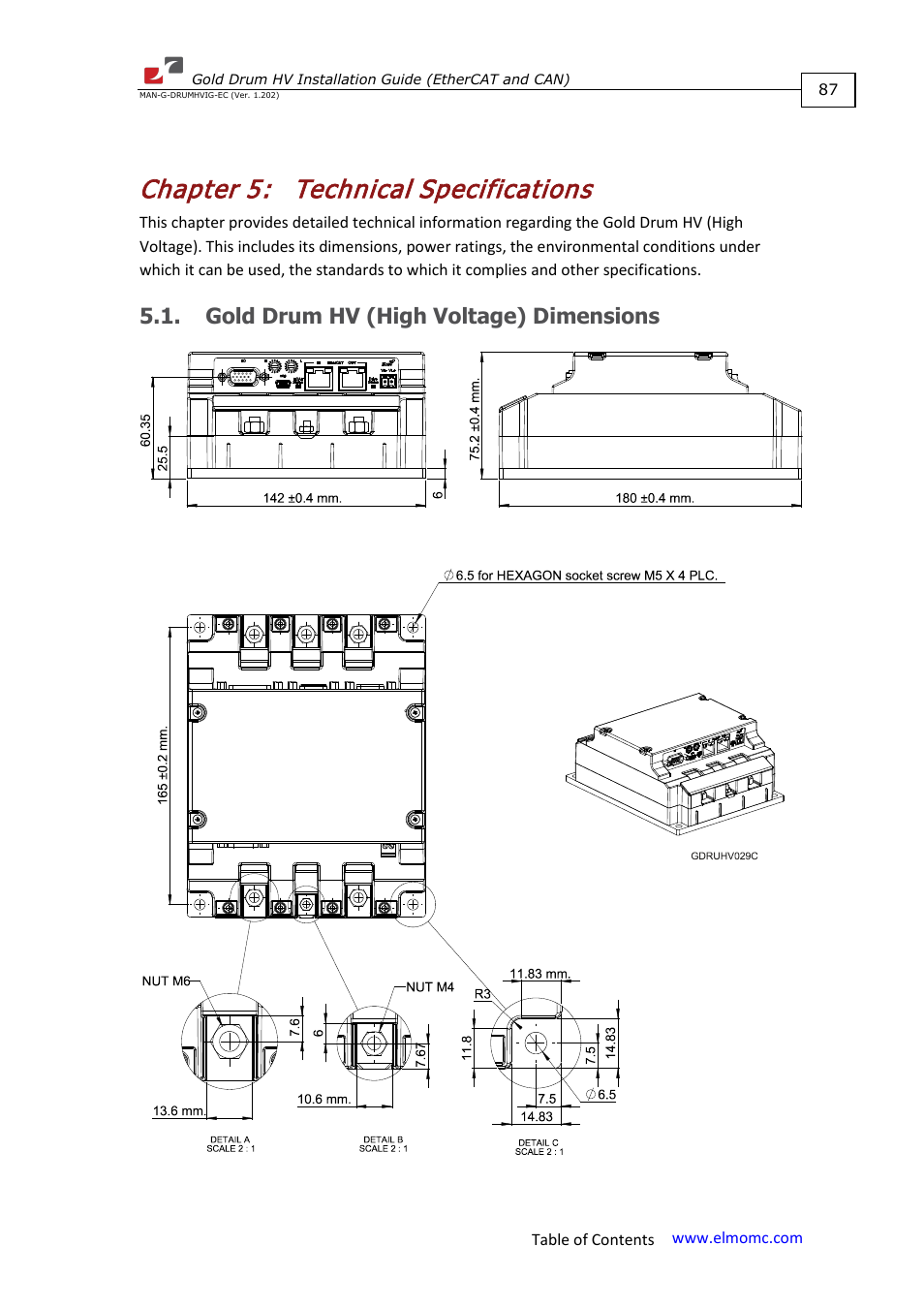 Chapter 5: technical specifications, Gold drum hv (high voltage) dimensions, Chapter 5 | Technical specifications | ElmoMC Gold Line Digital Servo Drives-Gold Drum HV User Manual | Page 87 / 102