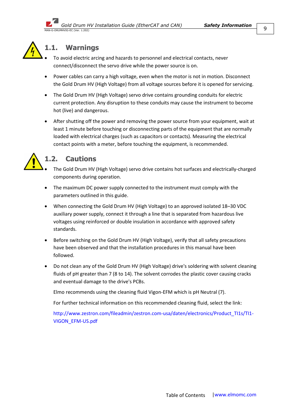 Warnings, Cautions, Warnings 1.2. cautions | ElmoMC Gold Line Digital Servo Drives-Gold Drum HV User Manual | Page 9 / 102