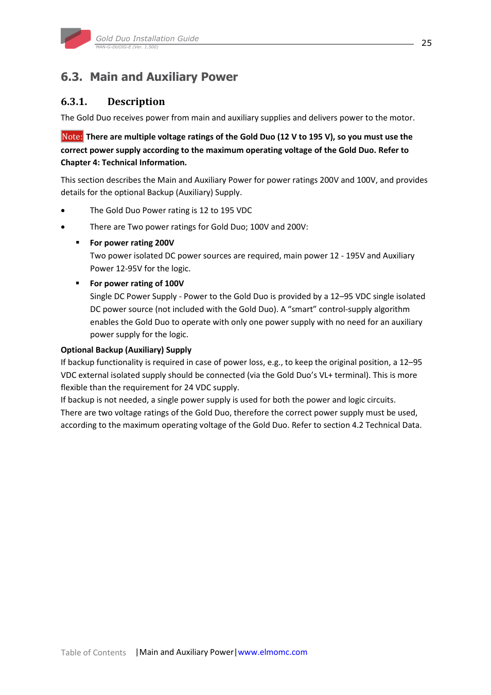 Main and auxiliary power, Description | ElmoMC Gold Line Digital Servo Drives-Gold Duo User Manual | Page 25 / 59