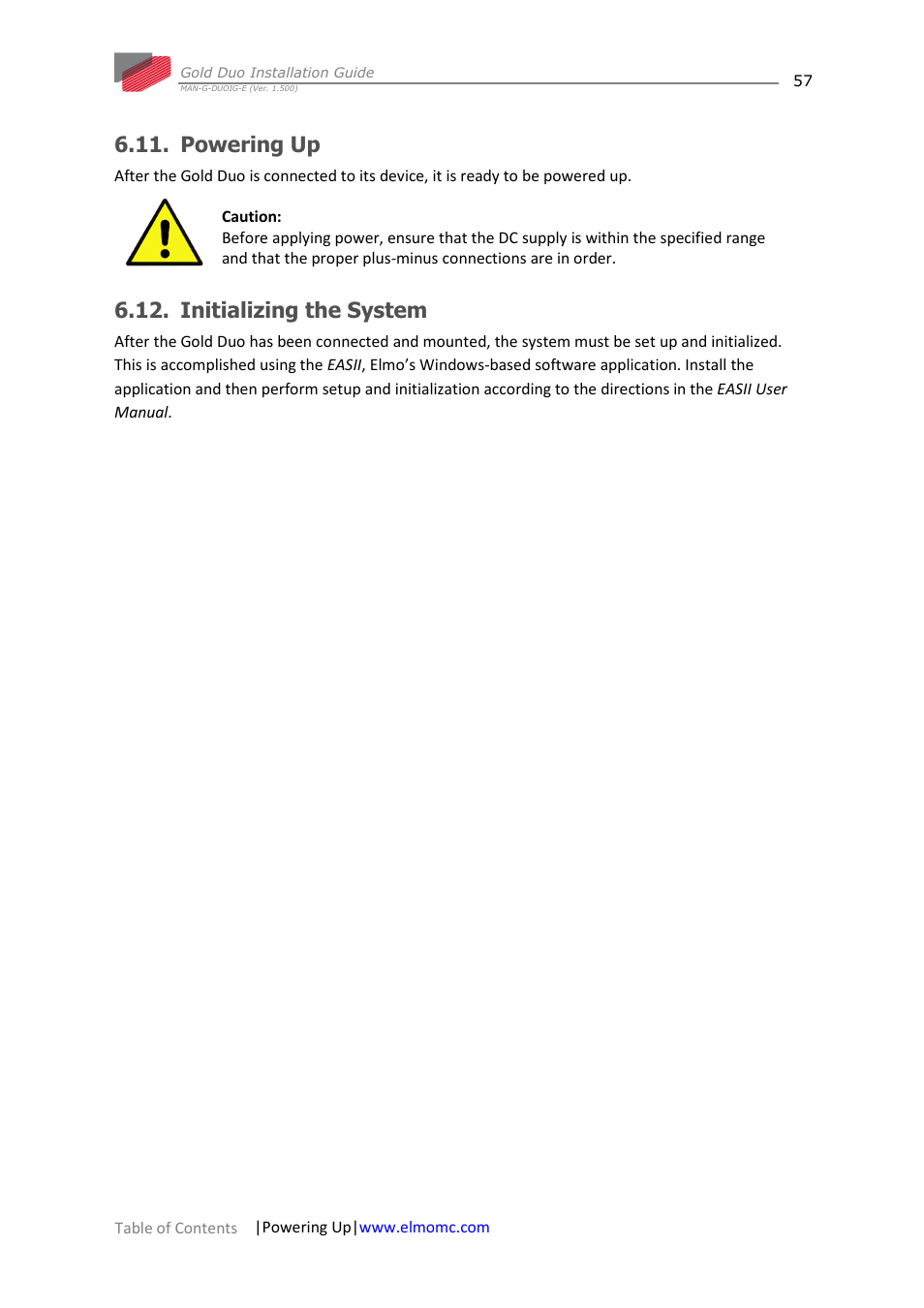 Powering up, Initializing the system, Powering up 6.12. initializing the system | ElmoMC Gold Line Digital Servo Drives-Gold Duo User Manual | Page 57 / 59