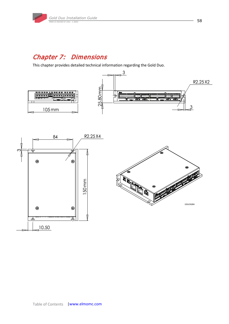 Chapter 7: dimensions, Chapter 7, Dimensions | ElmoMC Gold Line Digital Servo Drives-Gold Duo User Manual | Page 58 / 59
