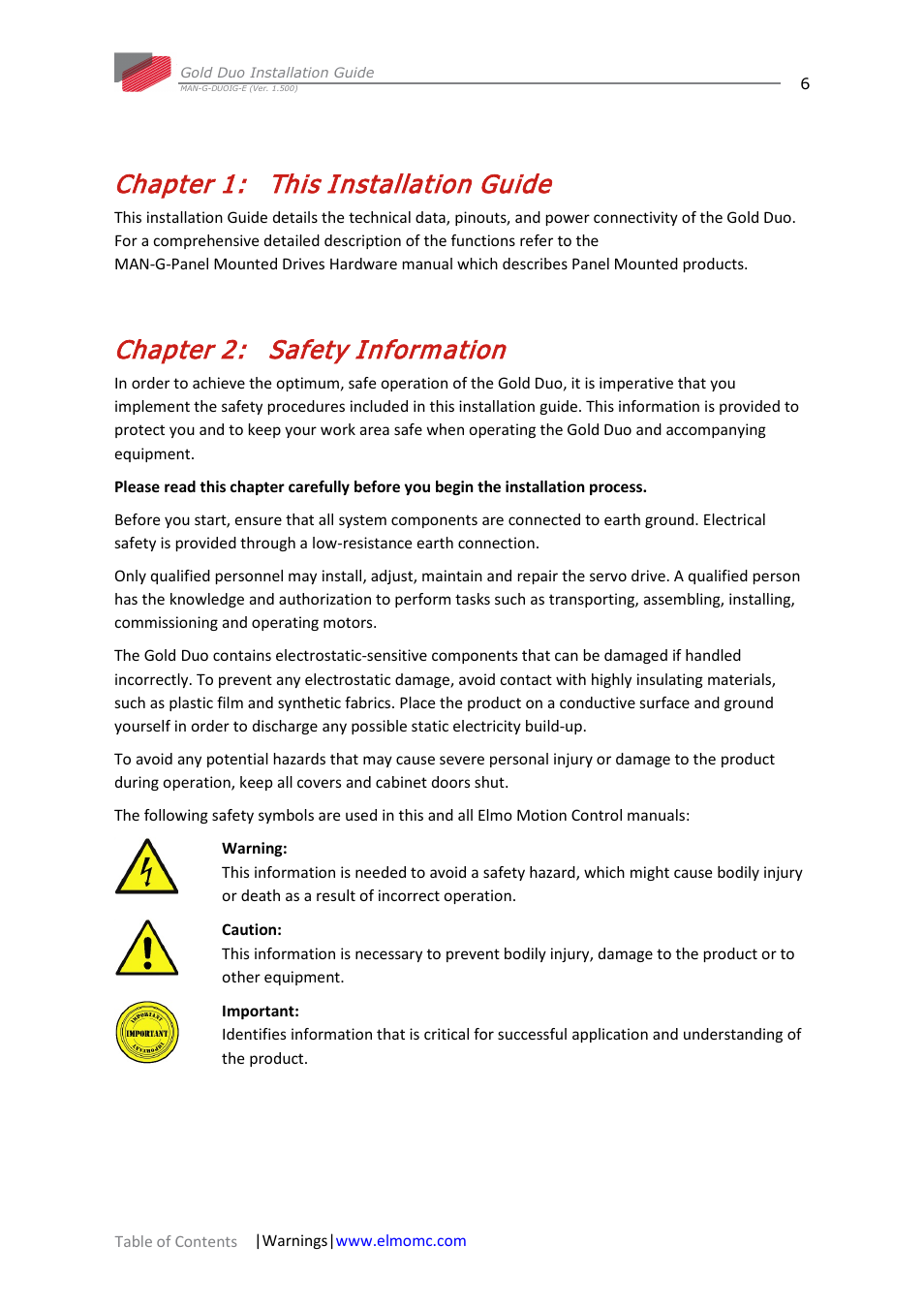 Chapter 1: this installation guide, Chapter 2: safety information, Chapter 1 | This installation guide, Chapter 2, Safety information | ElmoMC Gold Line Digital Servo Drives-Gold Duo User Manual | Page 6 / 59