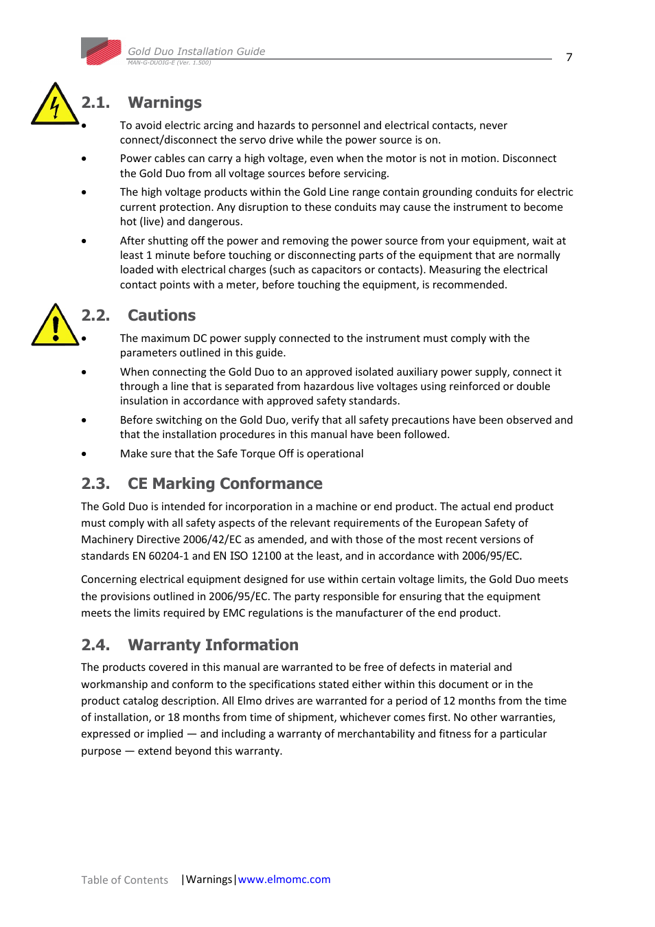 Warnings, Cautions, Ce marking conformance | Warranty information | ElmoMC Gold Line Digital Servo Drives-Gold Duo User Manual | Page 7 / 59