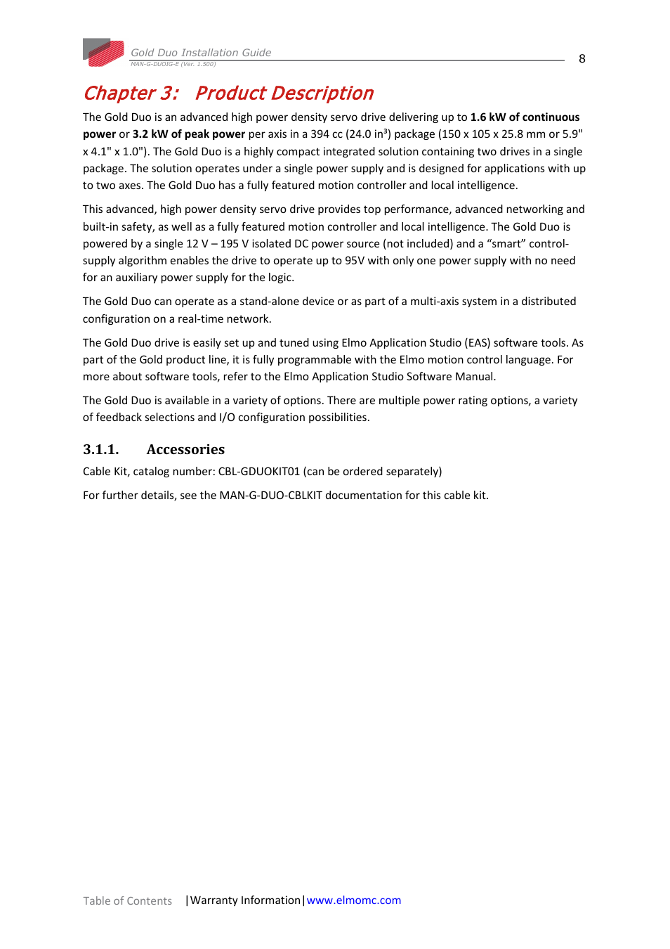 Chapter 3: product description, Accessories, Chapter 3 | Product description | ElmoMC Gold Line Digital Servo Drives-Gold Duo User Manual | Page 8 / 59