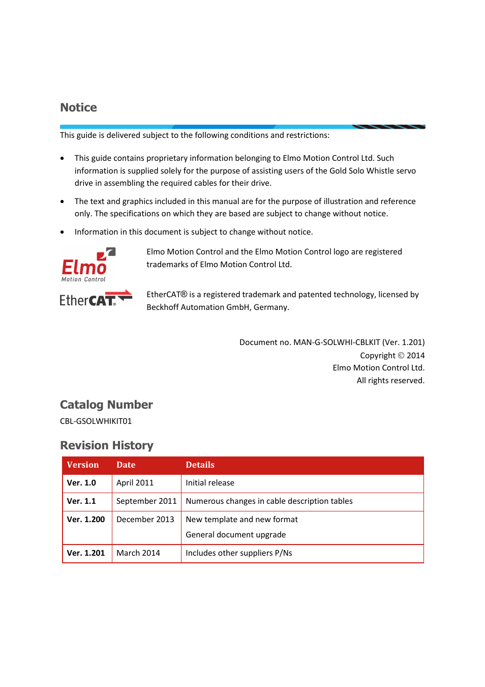 Notice, Catalog number, Revision history | ElmoMC Gold Line Digital Servo Drives-Gold Solo Whistle Cable Kit User Manual | Page 2 / 16
