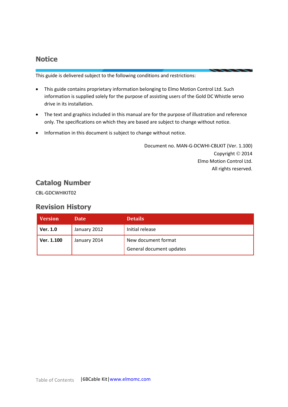 Notice, Catalog number, Revision history | ElmoMC Gold Line Digital Servo Drives-Gold DC Whistle Cable Kit User Manual | Page 2 / 13