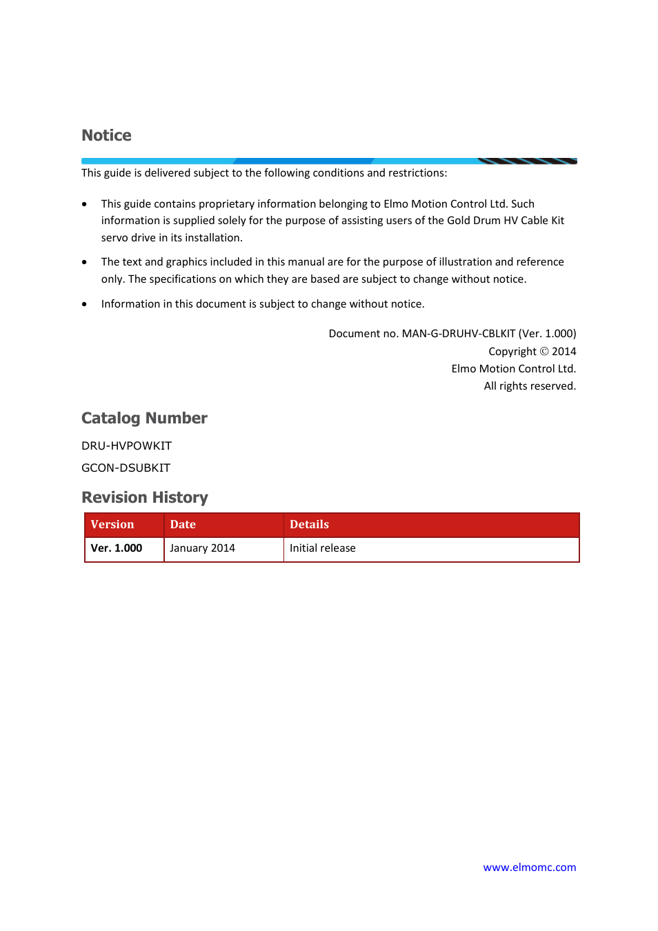 Notice, Catalog number, Revision history | ElmoMC Gold Line Digital Servo Drives-Gold Drum HV Cable Kit User Manual | Page 2 / 18