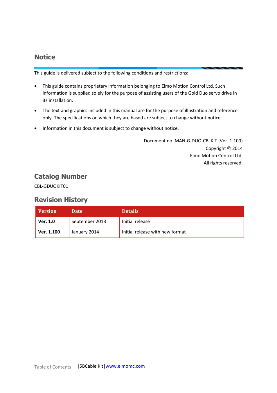 Notice, Catalog number, Revision history | ElmoMC Gold Line Digital Servo Drives-Gold Duo Cable Kit User Manual | Page 2 / 12