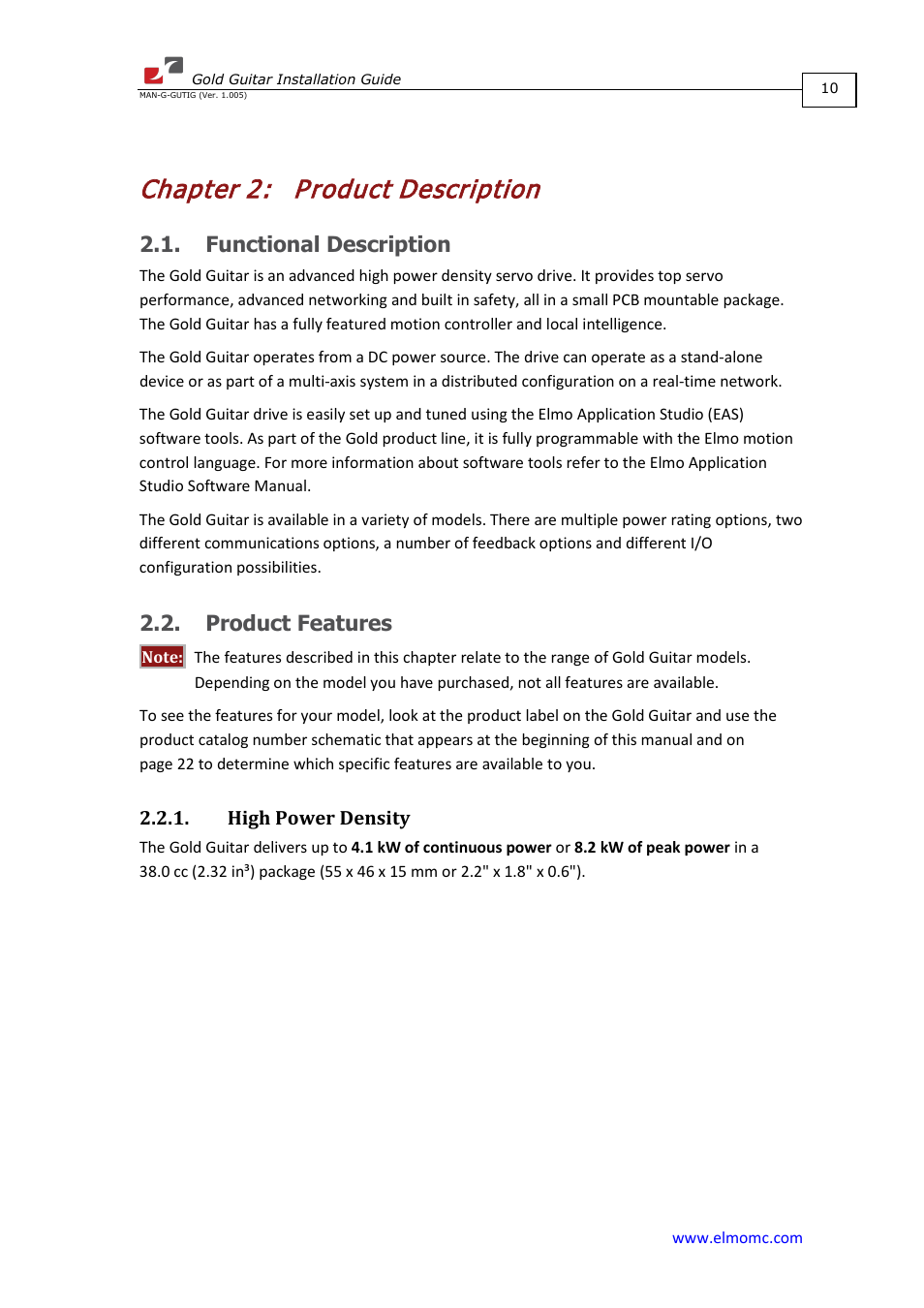 Chapter 2: product description, Functional description, Product features | High power density, Chapter 2, Product description, Functional description 2.2. product features | ElmoMC Gold Line Digital Servo Drives-Gold Guitar User Manual | Page 10 / 84