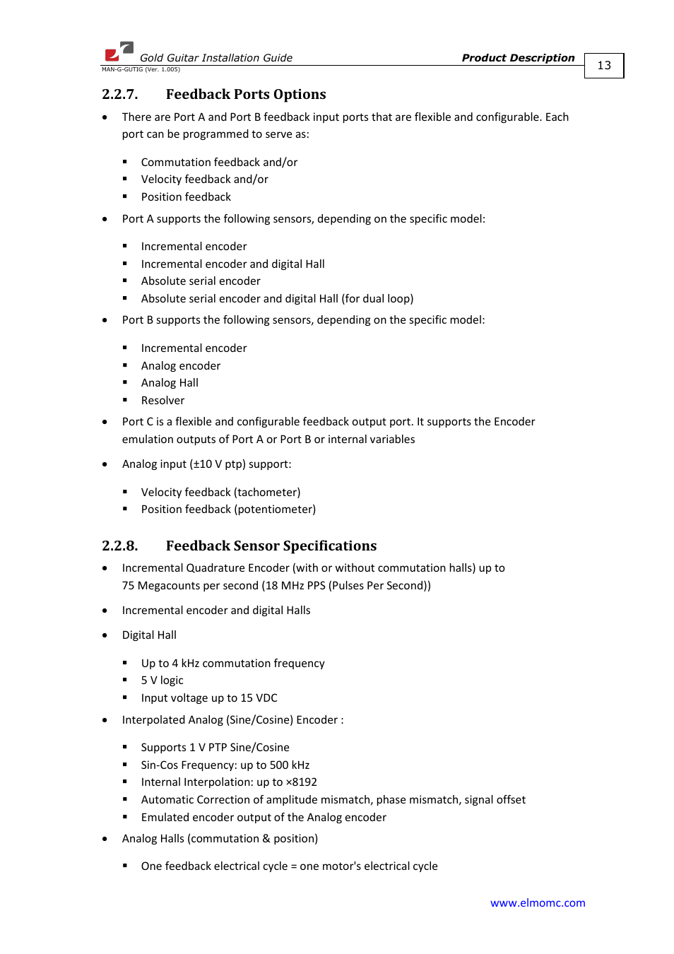Feedback ports options, Feedback sensor specifications | ElmoMC Gold Line Digital Servo Drives-Gold Guitar User Manual | Page 13 / 84