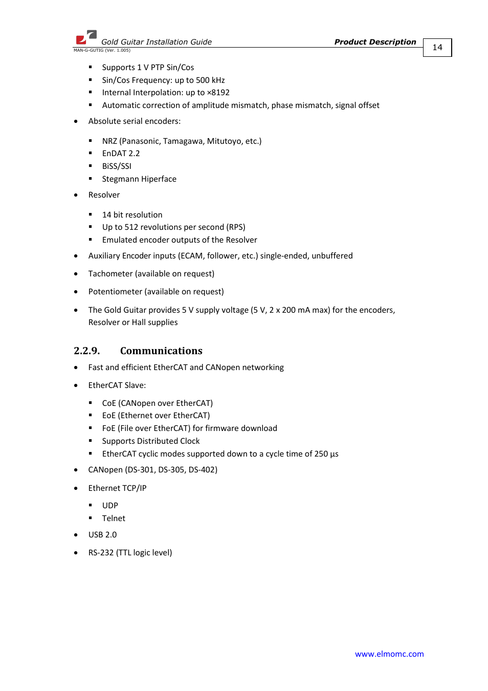Communications | ElmoMC Gold Line Digital Servo Drives-Gold Guitar User Manual | Page 14 / 84