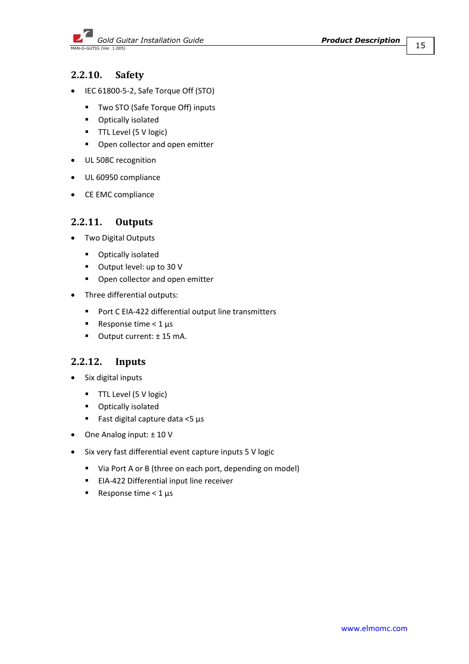 Safety, Outputs, Inputs | Safety 2.2.11. outputs 2.2.12. inputs | ElmoMC Gold Line Digital Servo Drives-Gold Guitar User Manual | Page 15 / 84