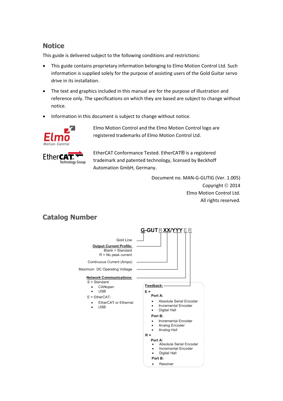 Notice, Catalog number | ElmoMC Gold Line Digital Servo Drives-Gold Guitar User Manual | Page 2 / 84