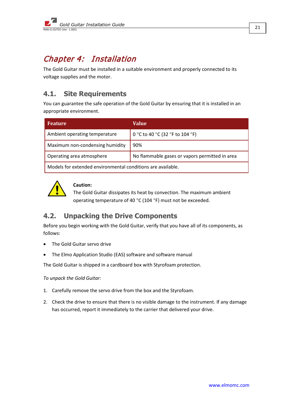 Chapter 4: installation, Site requirements, Unpacking the drive components | Chapter 4, Installation | ElmoMC Gold Line Digital Servo Drives-Gold Guitar User Manual | Page 21 / 84